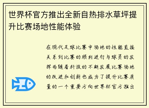 世界杯官方推出全新自热排水草坪提升比赛场地性能体验 世界杯官方推出全新自热排水草坪提升比赛场地性能体验