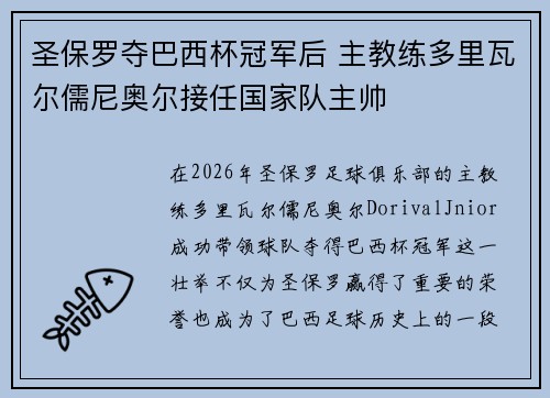 圣保罗夺巴西杯冠军后 主教练多里瓦尔儒尼奥尔接任国家队主帅